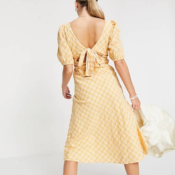 NWT New Look Puff Sleeve Midi Tea Dress In Plaid - Picture 2 of 6